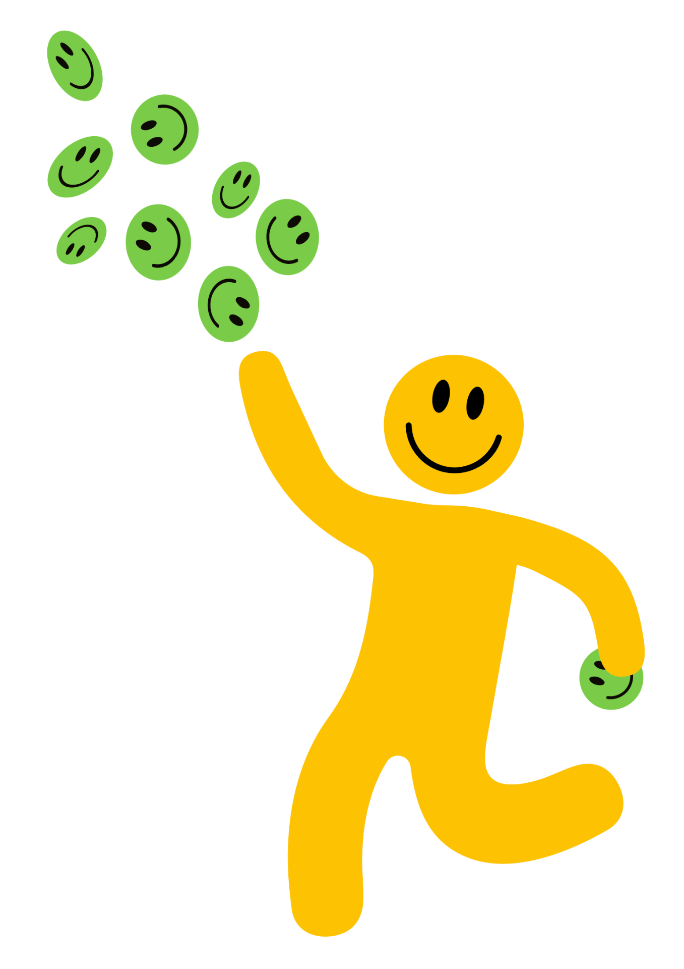Personnage jaune souriant lançant des smileys verts